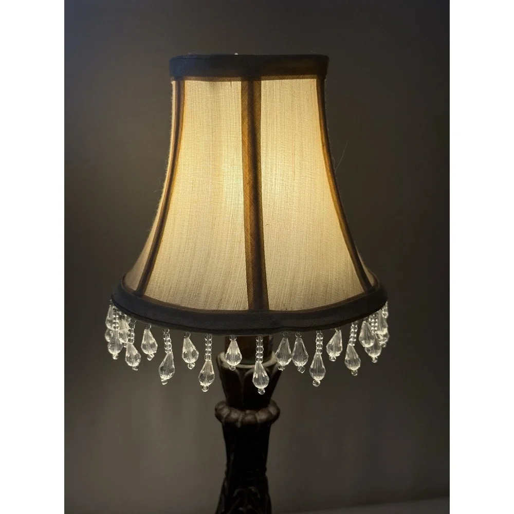 Vintage Accent Table Lamp With Beaded Fringe Bell Shade Resin Base Ornate